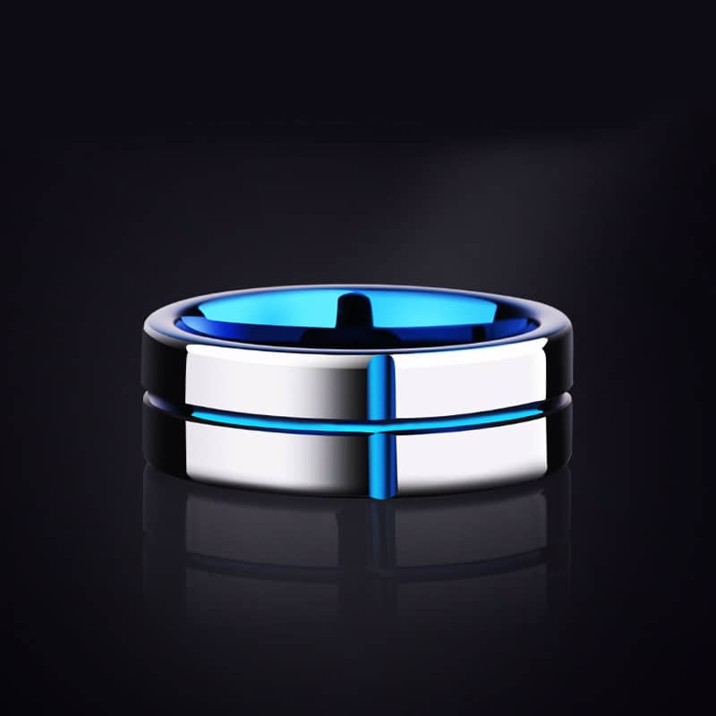 (image for) Blue Tungsten Wedding Bands With Crossed Grooves, Men Or Women Two-Tone Tungsten Carbide Wedding Ring Band - 6mm - 8mm, Matching Couples Tungsten Jewelry Set