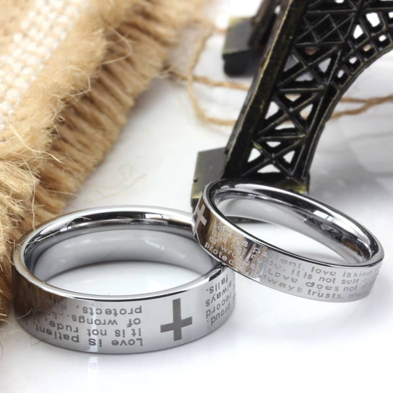 (image for) Holy Bible and Cross Laser Engraved Tungsten Wedding Bands, Flat Tungsten Carbide Wedding Ring Band for Women or Men, Matching His and Hers Jewelry Set for Couples