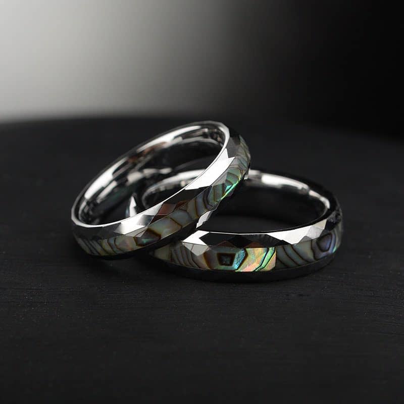 (image for) Mother Of Pearl Inlay Domed Tungsten Wedding Bands, Women And Men Tungsten Carbide Wedding Ring With Faceted Edges, Matching Couple Tungsten Jewelry Set
