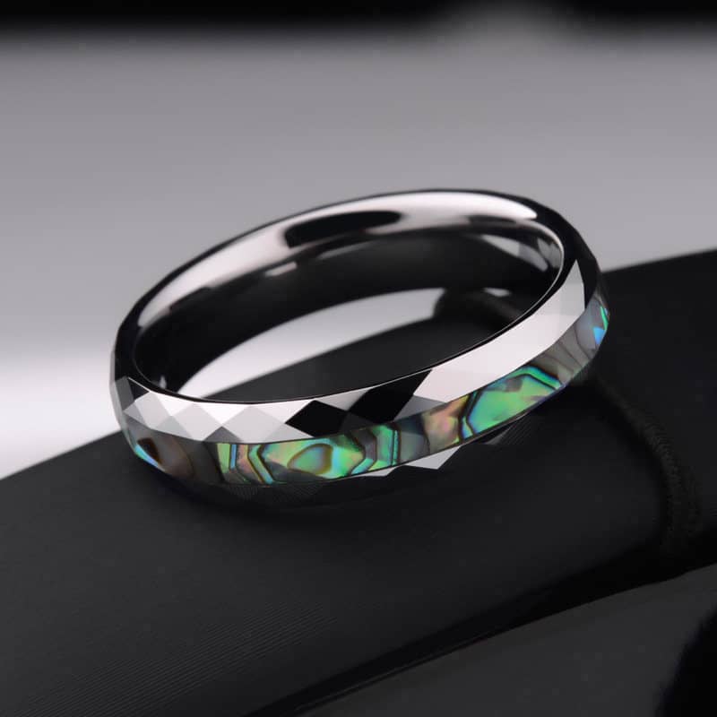 (image for) Mother Of Pearl Inlay Domed Tungsten Wedding Bands, Women And Men Tungsten Carbide Wedding Ring With Faceted Edges, Matching Couple Tungsten Jewelry Set