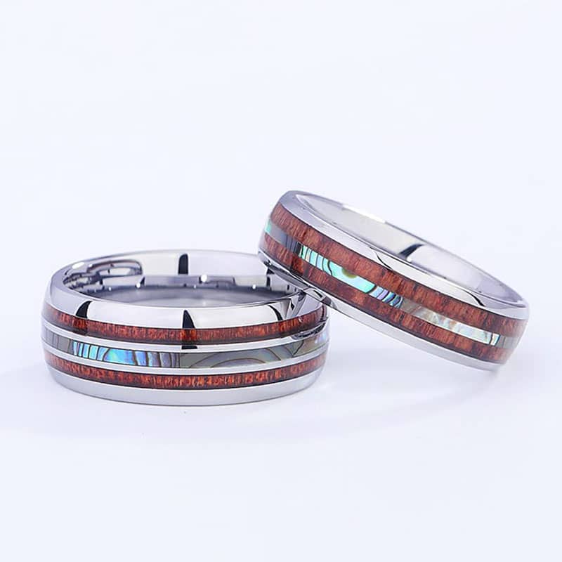(image for) Koa Wood And Mother Of Pearl Inlay Tungsten Wedding Bands, Matching Domed Tungsten Carbide Wedding Ring Band - 6mm - 8mm, His and Hers Jewelry Set for Couples