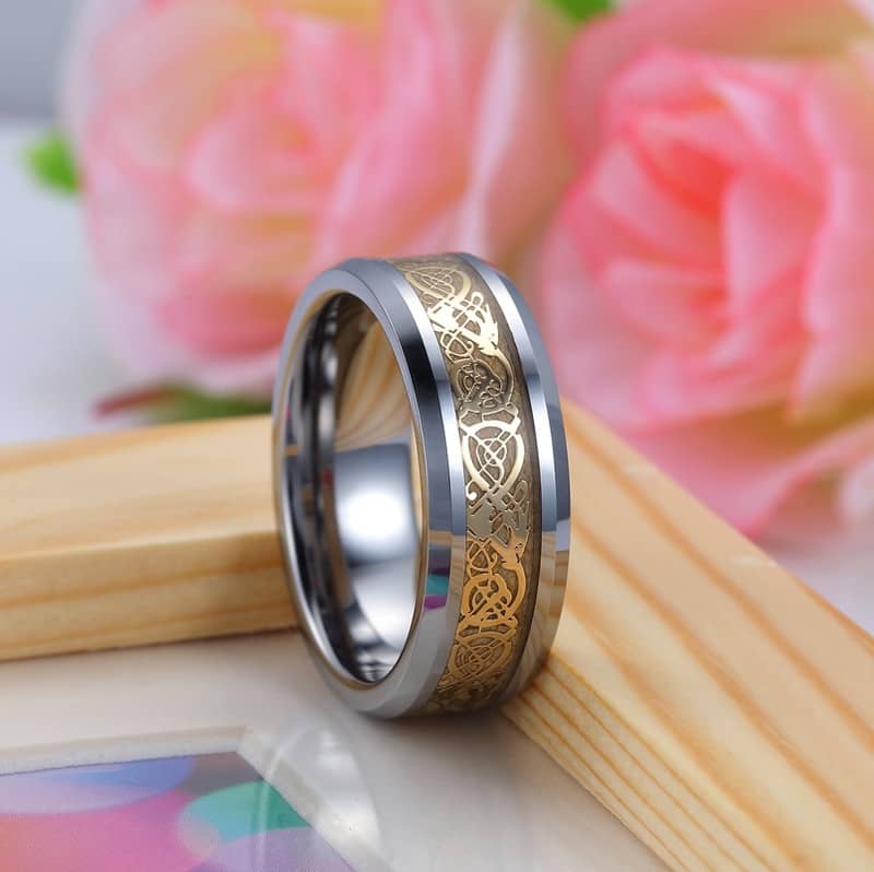 (image for) Gold / White Celtic Dragon Inlay Tungsten Wedding Bands, Beveled-Edge Tungsten Carbide Wedding Ring Band - 6mm - 8mm, Matching His and Hers Jewelry Set for Couples