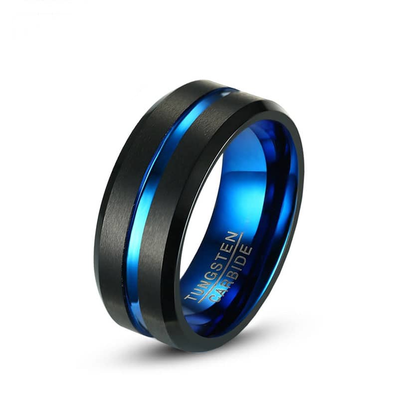 (image for) Mens Blue Tungsten Wedding Bands With Groove, Tungsten Carbide Wedding Ring Band With Beleved Edges And Black Face - 8mm, Matching Couple Tungsten Jewelry Set