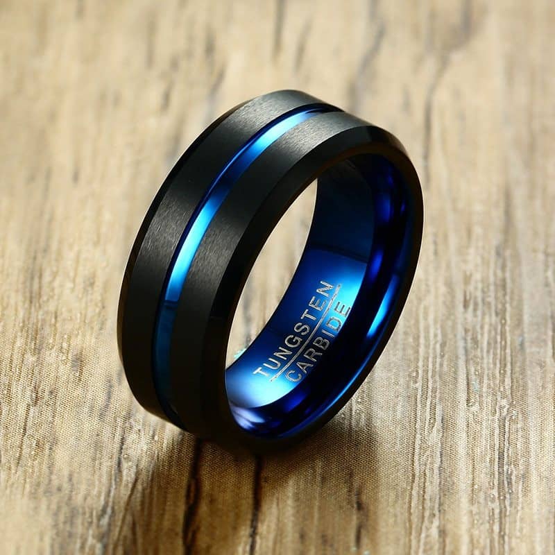 (image for) Mens Blue Tungsten Wedding Bands With Groove, Tungsten Carbide Wedding Ring Band With Beleved Edges And Black Face - 8mm, Matching Couple Tungsten Jewelry Set