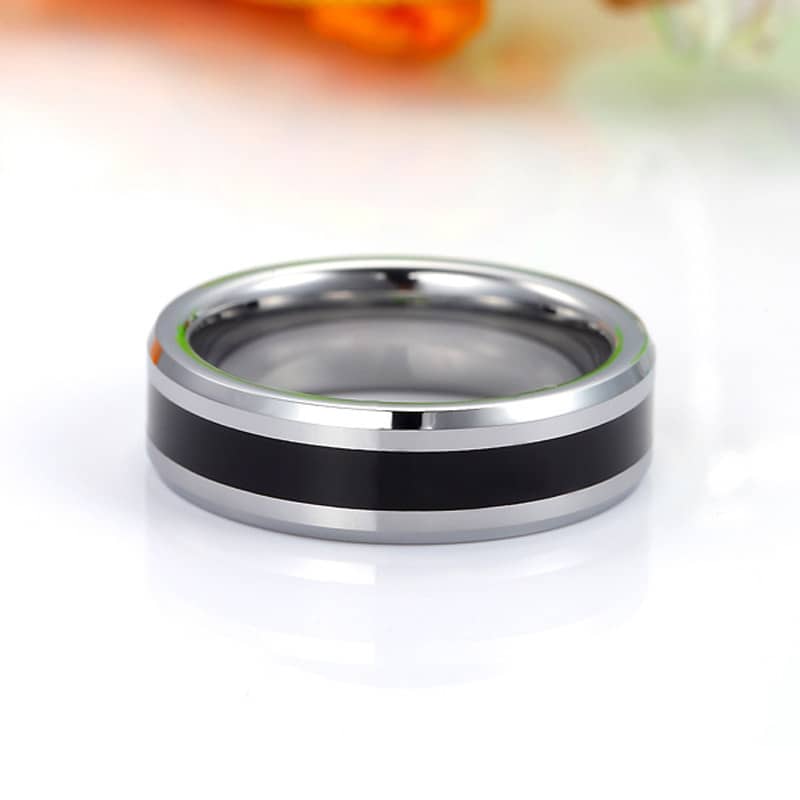 (image for) Two-Tone Tungsten Wedding Bands, Black Center Beveled-Edge Tungsten Carbide Wedding Ring Band for Men or Women - 6mm, Matching Couple Jewelry Set for Him and Her