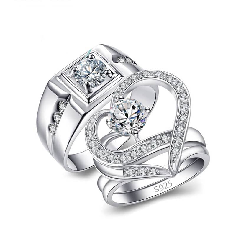 (image for) Cubic Zirconia Diamond Engagement Rings Set for Men and Women, Unique Open Heart Promise Ring in 925 Sterling Silver, Matching His and Hers Jewelry for Couples