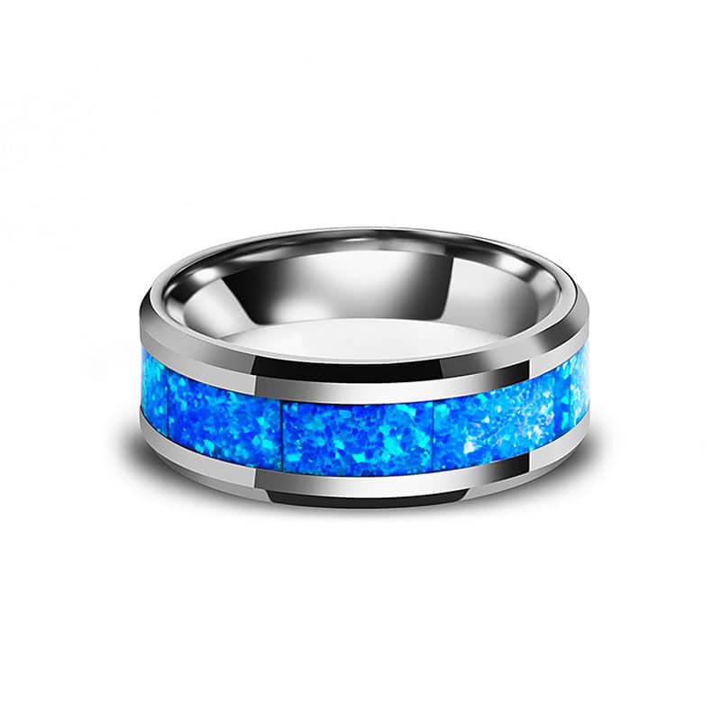 (image for) Opal Inlay Tungsten Wedding Bands With Beveled Edges, Unique Gemstone Tungsten Carbide Wedding Ring For Women Or Men - 8mm, Matching Couple Tungsten Jewelry