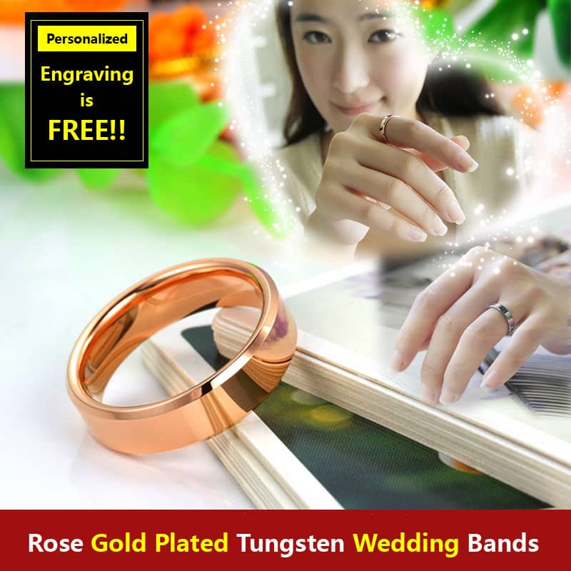 (image for) Rose Gold Plated Tungsten Wedding Bands, Polished Tungsten Carbide Wedding Band with Beveled Edges, Personalized Ring for Women - 4mm - 6mm, Matching Jewelry Set for Couples