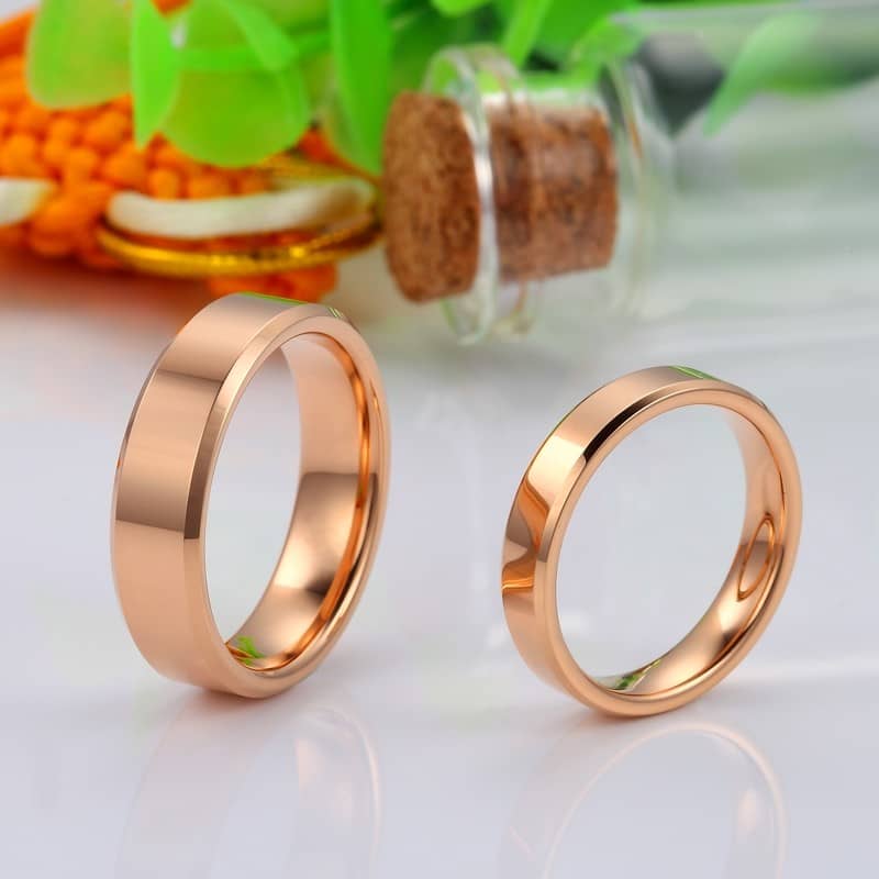 (image for) Rose Gold Plated Tungsten Wedding Bands, Polished Tungsten Carbide Wedding Band with Beveled Edges, Personalized Ring for Women - 4mm - 6mm, Matching Jewelry Set for Couples