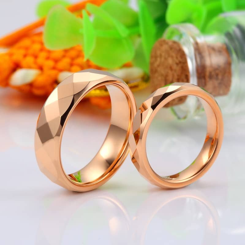 (image for) Rose Gold Plated Tungsten Wedding Bands, Faceted Finish Tungsten Carbide Wedding Ring Band with Domed Profile - 4mm - 6mm, Matching Couple Jewelry Set for Him and Her