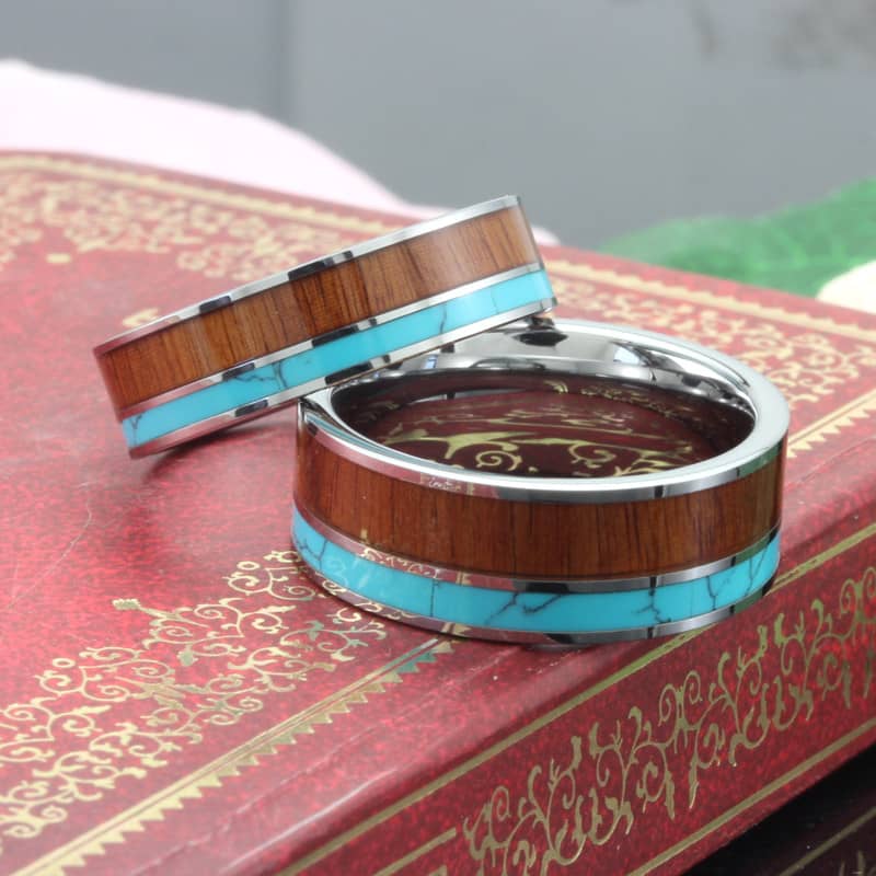 (image for) Koa Wood and Turquoise Inlaid Tungsten Wedding Bands, Unique Tungsten Carbide Wedding Ring Band - 6mm - 8mm, Matching His and Hers Jewelry Set for Couples