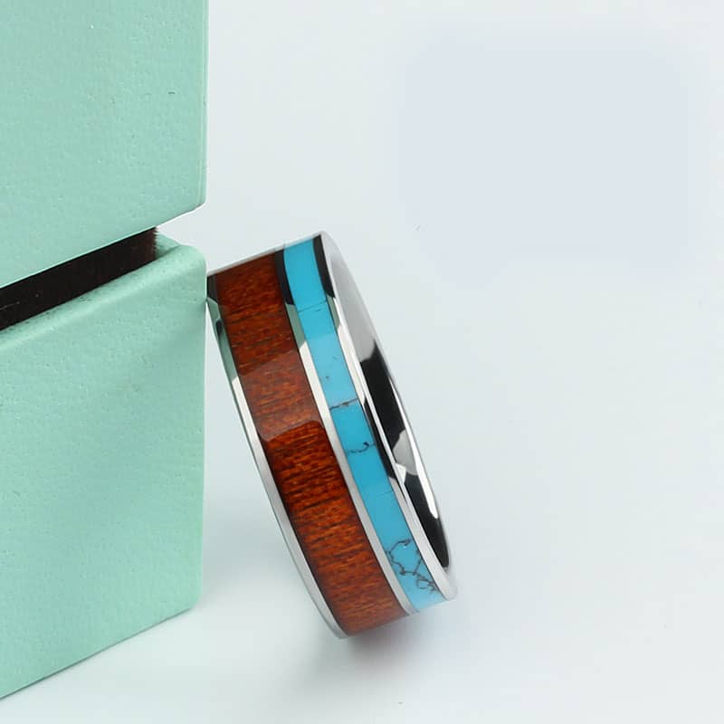 (image for) Koa Wood and Turquoise Inlaid Tungsten Wedding Bands, Unique Tungsten Carbide Wedding Ring Band - 6mm - 8mm, Matching His and Hers Jewelry Set for Couples