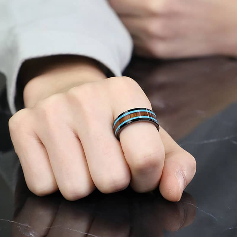 (image for) Black Tungsten Wedding Bands With Turquoise And Koa Wood Inlay, Unique Men\'s Black Tungsten Carbide Wedding Ring - 8mm, Matching Tungsten Jewelry Set For Couples