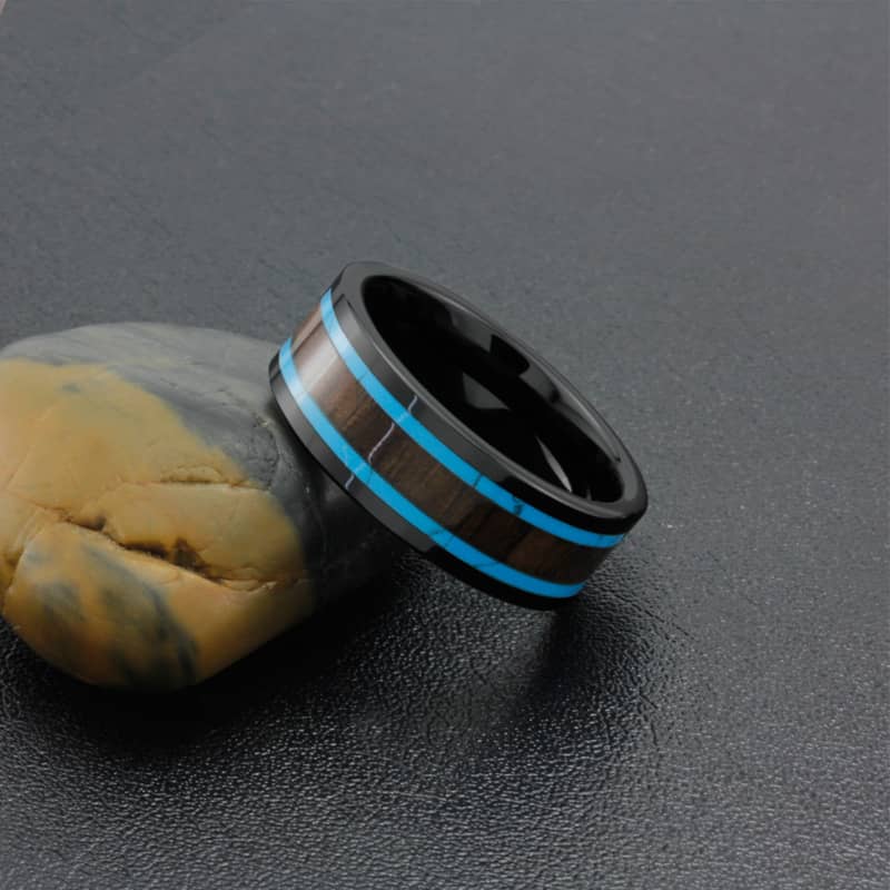 (image for) Black Tungsten Wedding Bands With Turquoise And Koa Wood Inlay, Unique Men\'s Black Tungsten Carbide Wedding Ring - 8mm, Matching Tungsten Jewelry Set For Couples