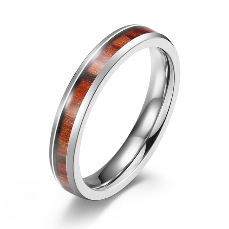 (image for) Koa Wood Inlay Titanium Steel Wedding Bands, Polished Steel Wedding Ring Band With Flat Profile - 4mm - 6mm - 8mm, Matching Couple Jewelry Set For Women And Men