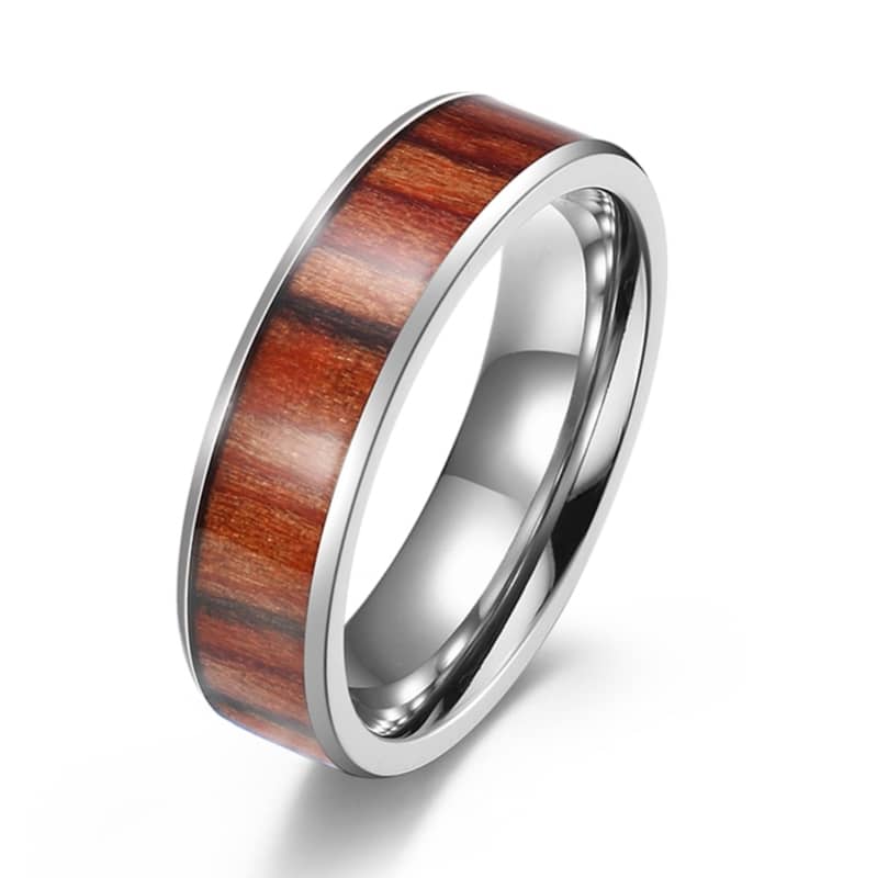 (image for) Koa Wood Inlay Titanium Steel Wedding Bands, Polished Steel Wedding Ring Band With Flat Profile - 4mm - 6mm - 8mm, Matching Couple Jewelry Set For Women And Men