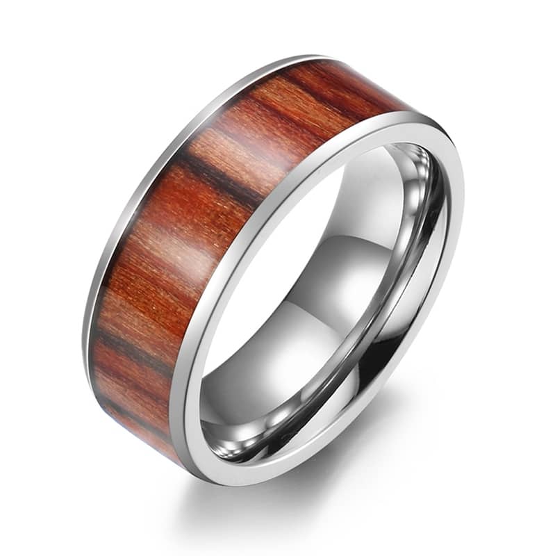 (image for) Koa Wood Inlay Titanium Steel Wedding Bands, Polished Steel Wedding Ring Band With Flat Profile - 4mm - 6mm - 8mm, Matching Couple Jewelry Set For Women And Men