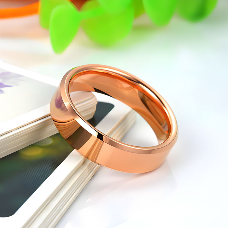 (image for) Classic Rose Gold Tungsten Ring with Flat Center and Beveled Edges 4mm 6mm