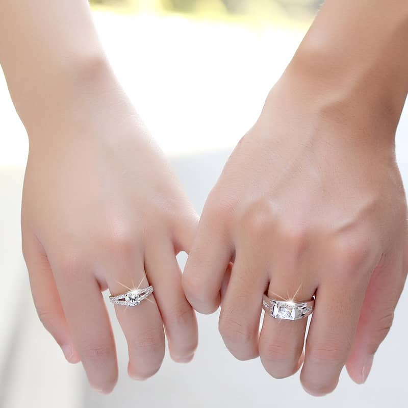 (image for) Cubic Zirconia Diamond Engagement Rings Set for Men and Women, Engravable Unique Promise Ring in 925 Sterling Silver, Matching Couples Jewelry for Him and Her