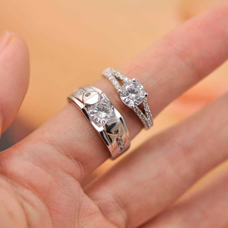 (image for) Cubic Zirconia Diamond Engagement Rings Set for Men and Women, Engravable Unique Promise Ring in 925 Sterling Silver, Matching Couples Jewelry for Him and Her