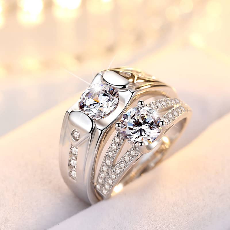 (image for) Cubic Zirconia Diamond Engagement Rings Set for Men and Women, Engravable Unique Promise Ring in 925 Sterling Silver, Matching Couples Jewelry for Him and Her