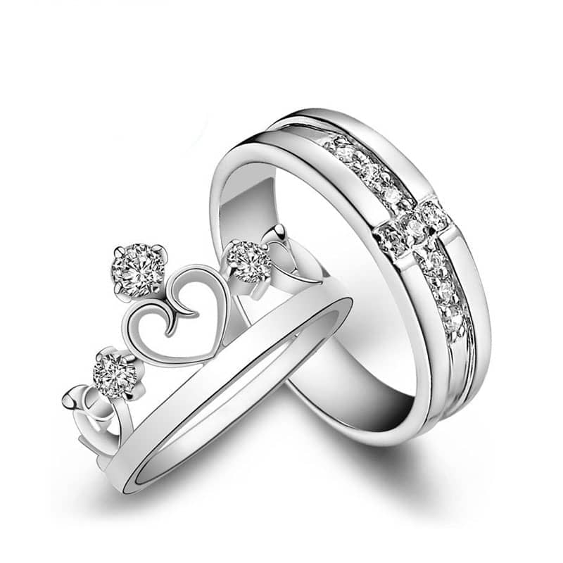 (image for) CZ Diamond Cross Wedding Band + Open Heart / Crown Engagement Ring Set, Engravable Promise Rings in 925 Sterling Silver, Matching Couples Jewelry for Him and Her