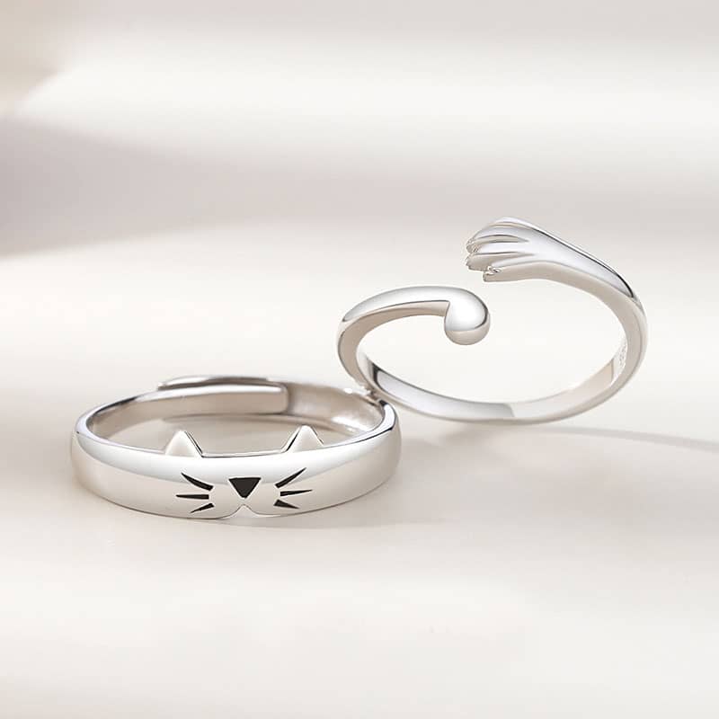 (image for) Matching Cat Rings For Couples Cute Paw And Tail In Sterling Silver