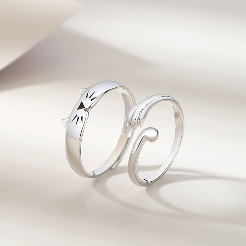 (image for) Matching Cat Rings For Couples Cute Paw And Tail In Sterling Silver