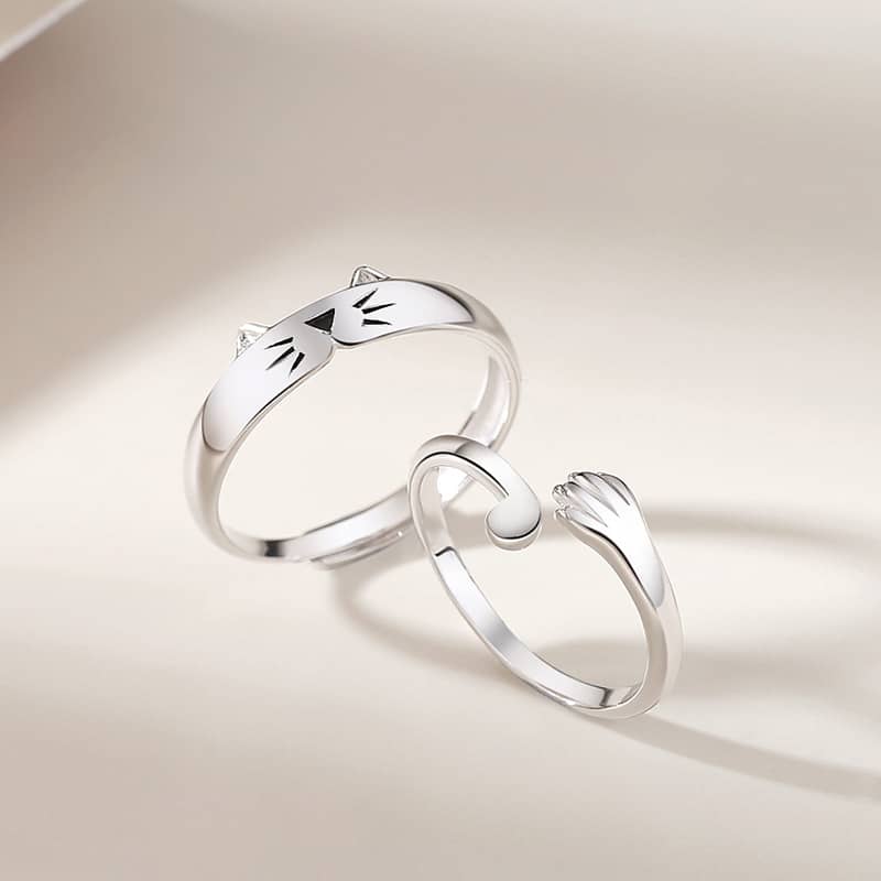 (image for) Matching Cat Rings For Couples Cute Paw And Tail In Sterling Silver