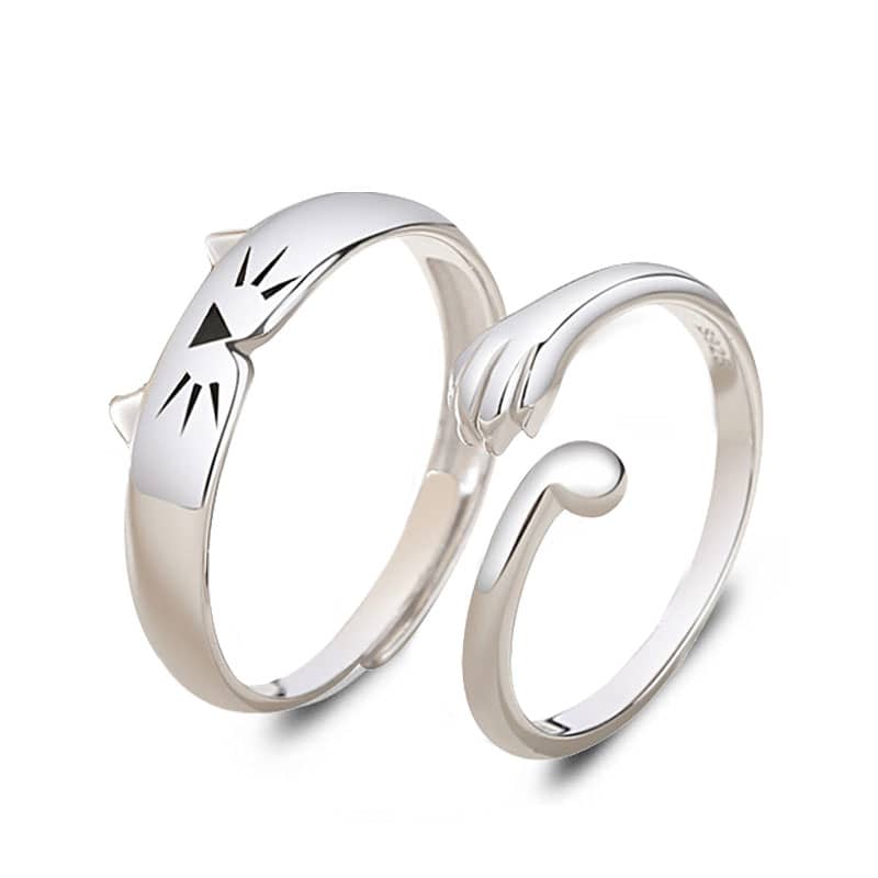 (image for) Matching Cat Rings For Couples Cute Paw And Tail In Sterling Silver