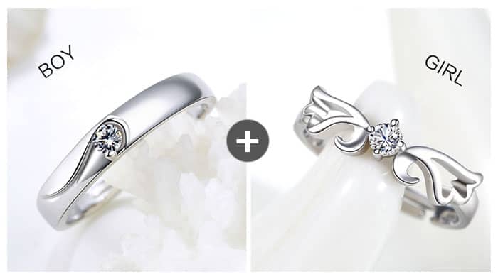 Matching Sterling Silver Angel Wing Crown Rings for Couples