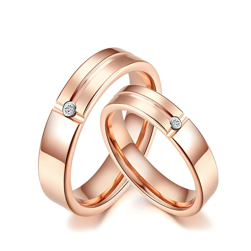 (image for) Matching Rose Gold Tungsten Couple Rings Mens and Womens 4mm 5mm Wedding Bands with Diamond and Grooves
