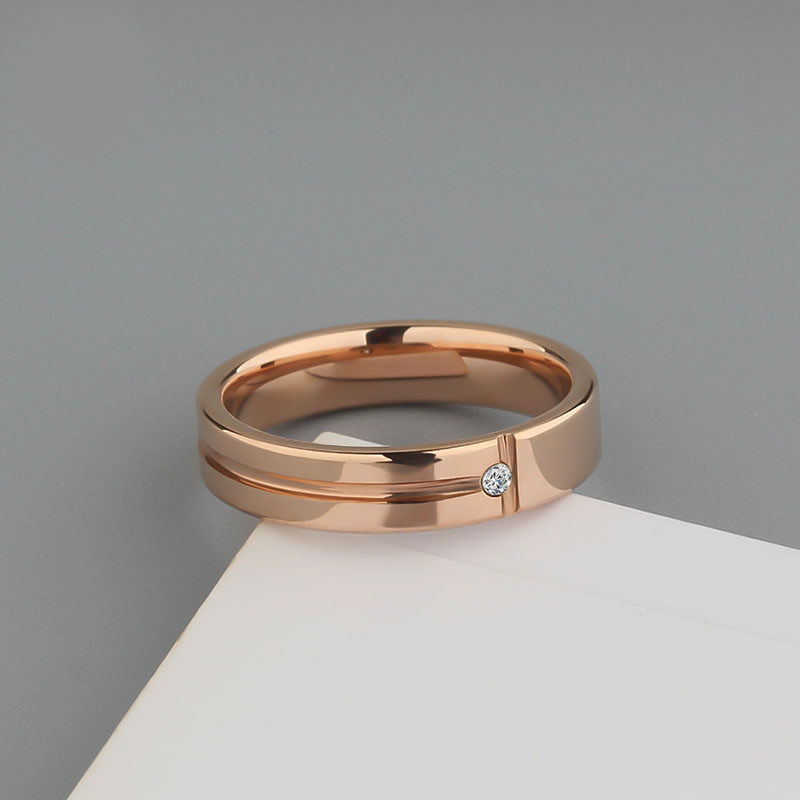 (image for) Matching Rose Gold Tungsten Couple Rings Mens and Womens 4mm 5mm Wedding Bands with Diamond and Grooves