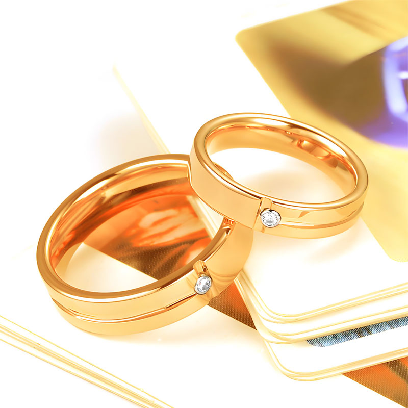 (image for) Matching Yellow Gold Tungsten Couple Rings His and Hers 4mm 5mm Wedding Bands with Diamond and Grooves