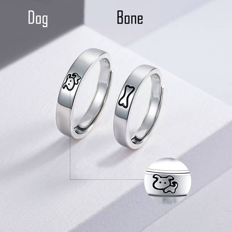 (image for) Dog & Bone Matching Couple Pup Pet Rings In Sterling Silver