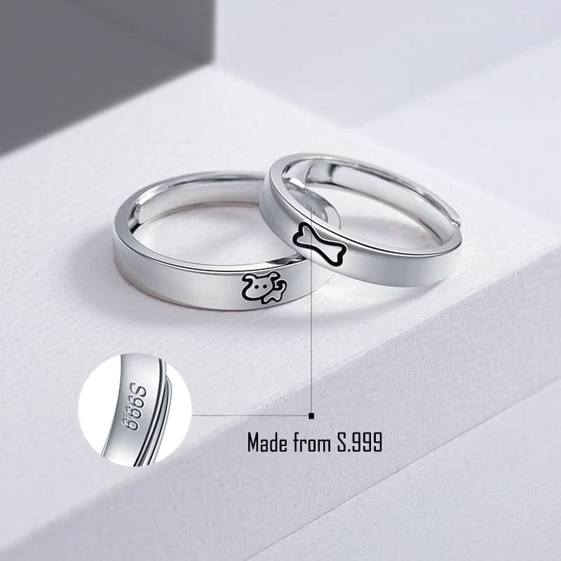 (image for) Dog & Bone Matching Couple Pup Pet Rings In Sterling Silver