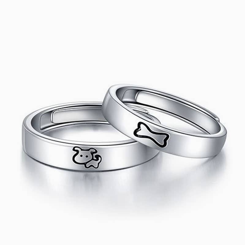 (image for) Dog & Bone Matching Couple Pup Pet Rings In Sterling Silver