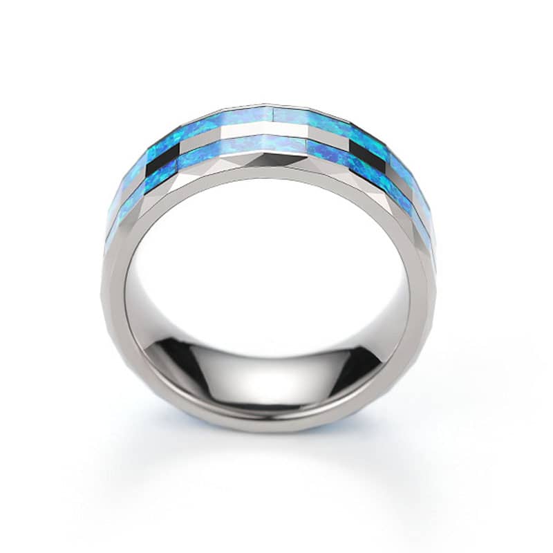 (image for) Double Opal Inlay Tungsten Wedding Bands For Men, Unique Gemstone Tungsten Carbide Wedding Ring Band With Faceted Edges - 8mm, Matching Couples Tungsten Jewelry