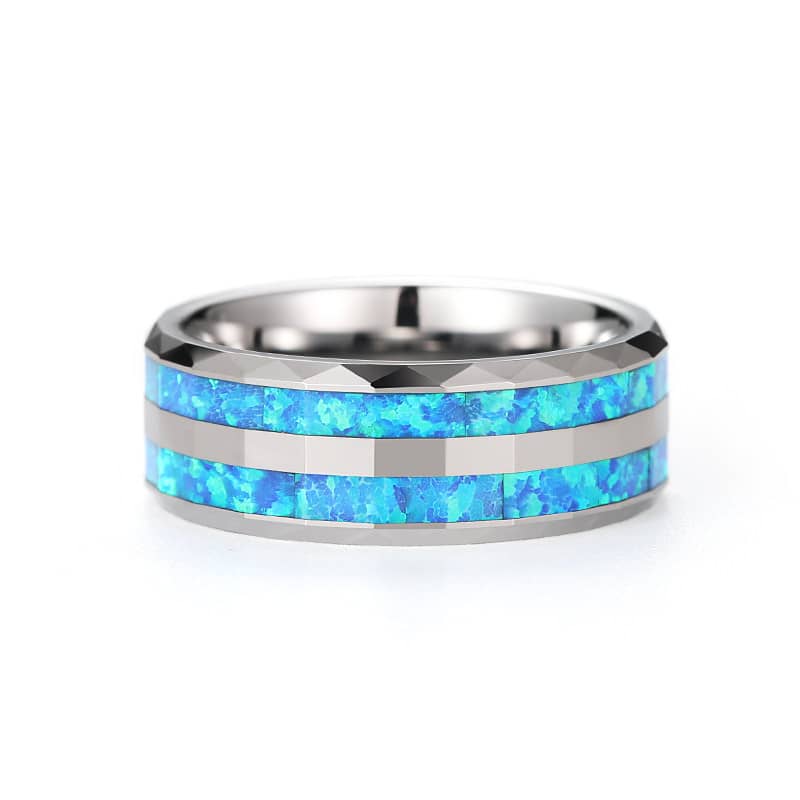 (image for) Double Opal Inlay Tungsten Wedding Bands For Men, Unique Gemstone Tungsten Carbide Wedding Ring Band With Faceted Edges - 8mm, Matching Couples Tungsten Jewelry