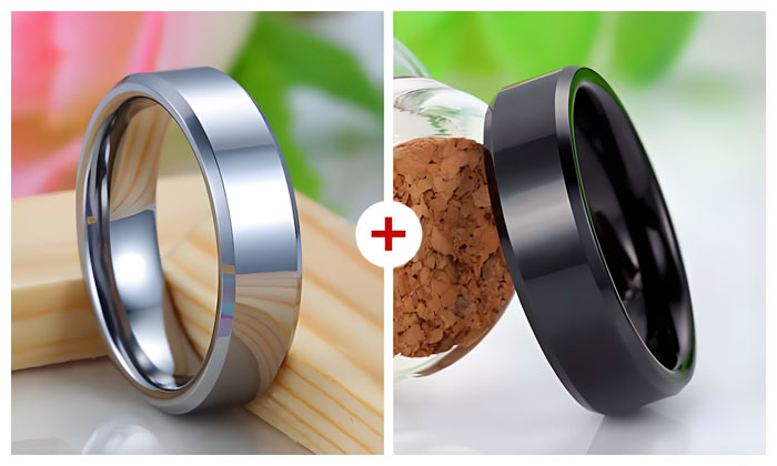 silver white and black tungsten couple rings set