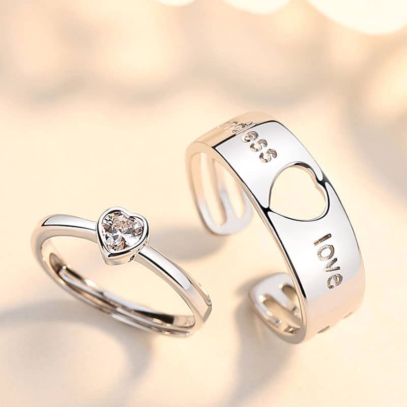 (image for) Endless Love Matching Open Heart Band And CZ Diamond Ring Set In 925 Sterling Silver