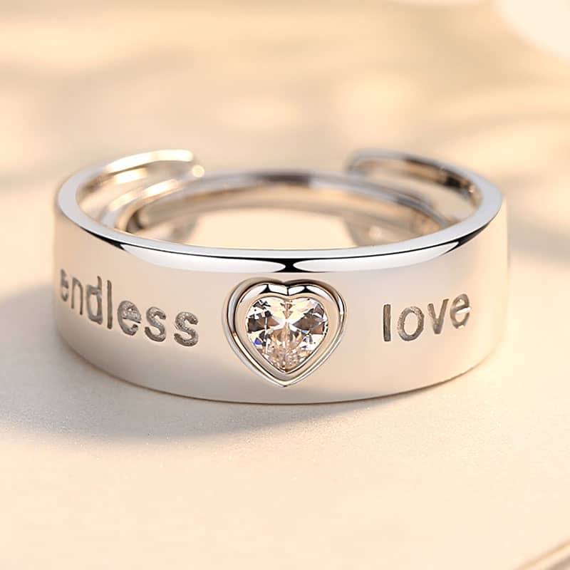 (image for) Endless Love Matching Open Heart Band And CZ Diamond Ring Set In 925 Sterling Silver