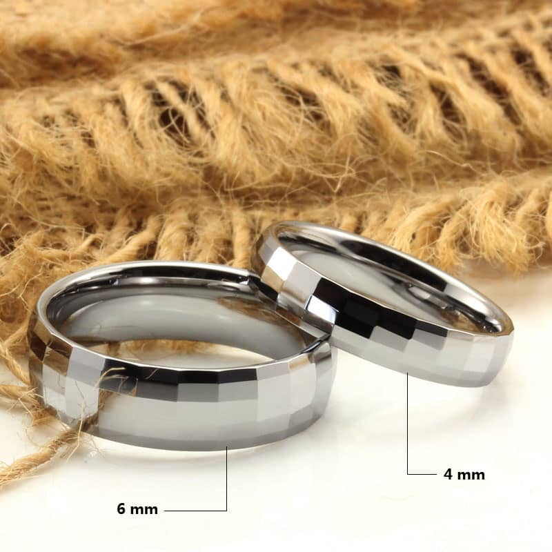 (image for) Faceted + Domed Tungsten Wedding Bands Set, White Tungsten Carbide Wedding Ring Band for Women and Men - 2mm - 6mm, Matching His and Hers Jewelry for Couples