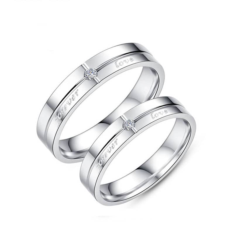 (image for) Forever Love Engraved Promise Rings for Couples, Sterling Silver Wedding Band with Crossed Grooves and CZ Diamond, Matching Couple Jewelry Set for Him and Her