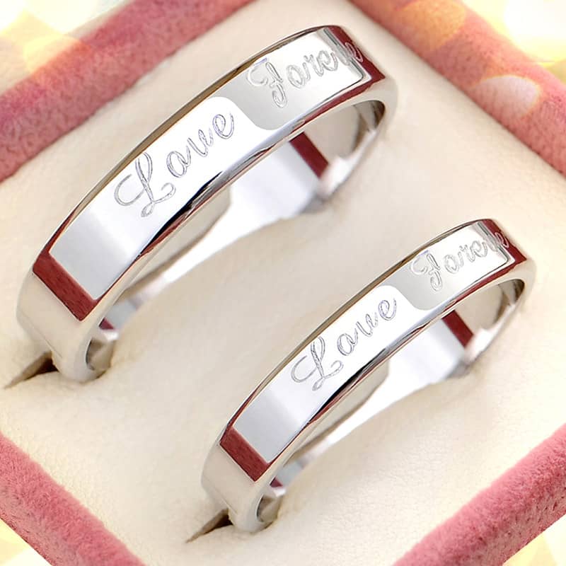 (image for) Love Forever Engraved Promise Rings for Couples, Personalized Flat Wedding Ring Band in 925 Sterling Silver, Matching Couple Jewelry Set for Him and Her