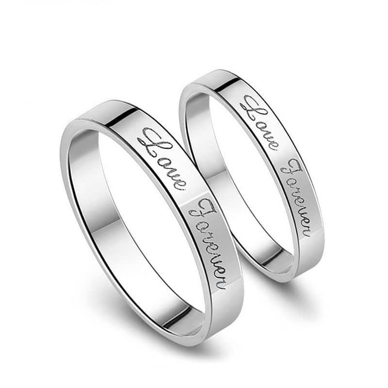 (image for) Love Forever Engraved Promise Rings for Couples, Personalized Flat Wedding Ring Band in 925 Sterling Silver, Matching Couple Jewelry Set for Him and Her