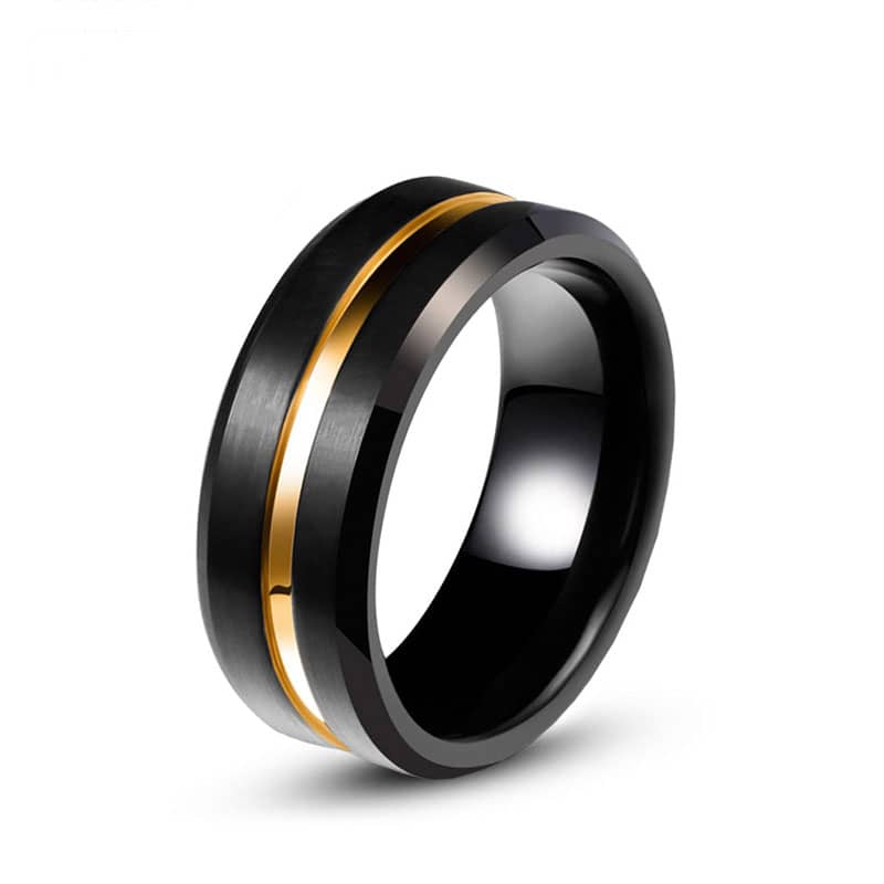 (image for) Black Tungsten Wedding Bands With Gold Groove, Domed / Flat Profile Tungsten Carbide Wedding Ring Band For Men - 8mm, Matching Tungsten Jewelry Set For Couples