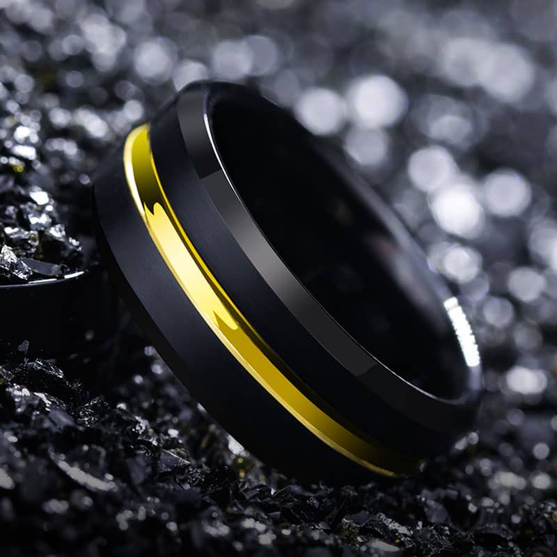 (image for) Black Tungsten Wedding Bands With Gold Groove, Domed / Flat Profile Tungsten Carbide Wedding Ring Band For Men - 8mm, Matching Tungsten Jewelry Set For Couples