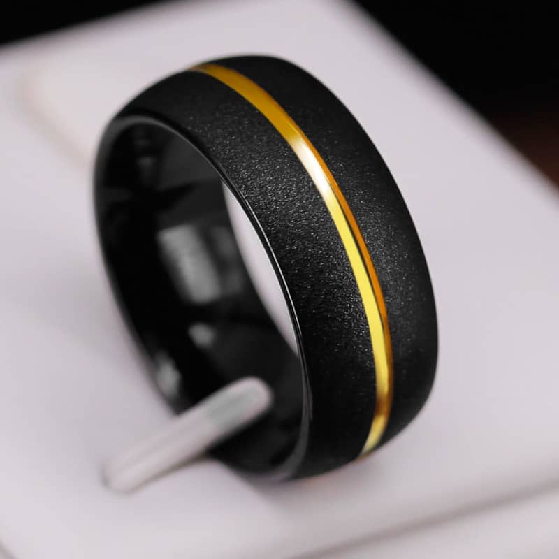 (image for) Black Tungsten Wedding Bands With Gold Groove, Domed / Flat Profile Tungsten Carbide Wedding Ring Band For Men - 8mm, Matching Tungsten Jewelry Set For Couples