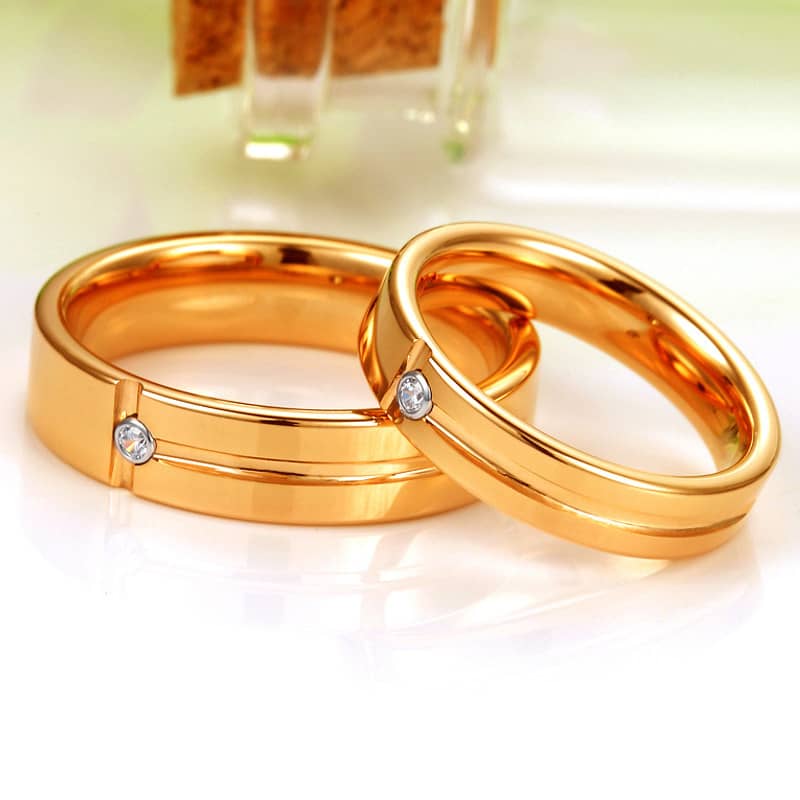 (image for) Gold Tungsten Wedding Band With Diamond & Grooves, Women And Men Tungsten Carbide Engagement Ring - 4mm - 5mm, Unique Matching Tungsten Jewelry Set For Couples